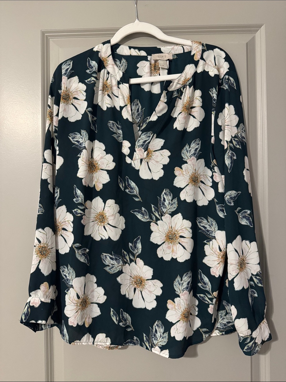 LOFT Teal Floral Long-Sleeve V-Neck Blouse with White Blooms